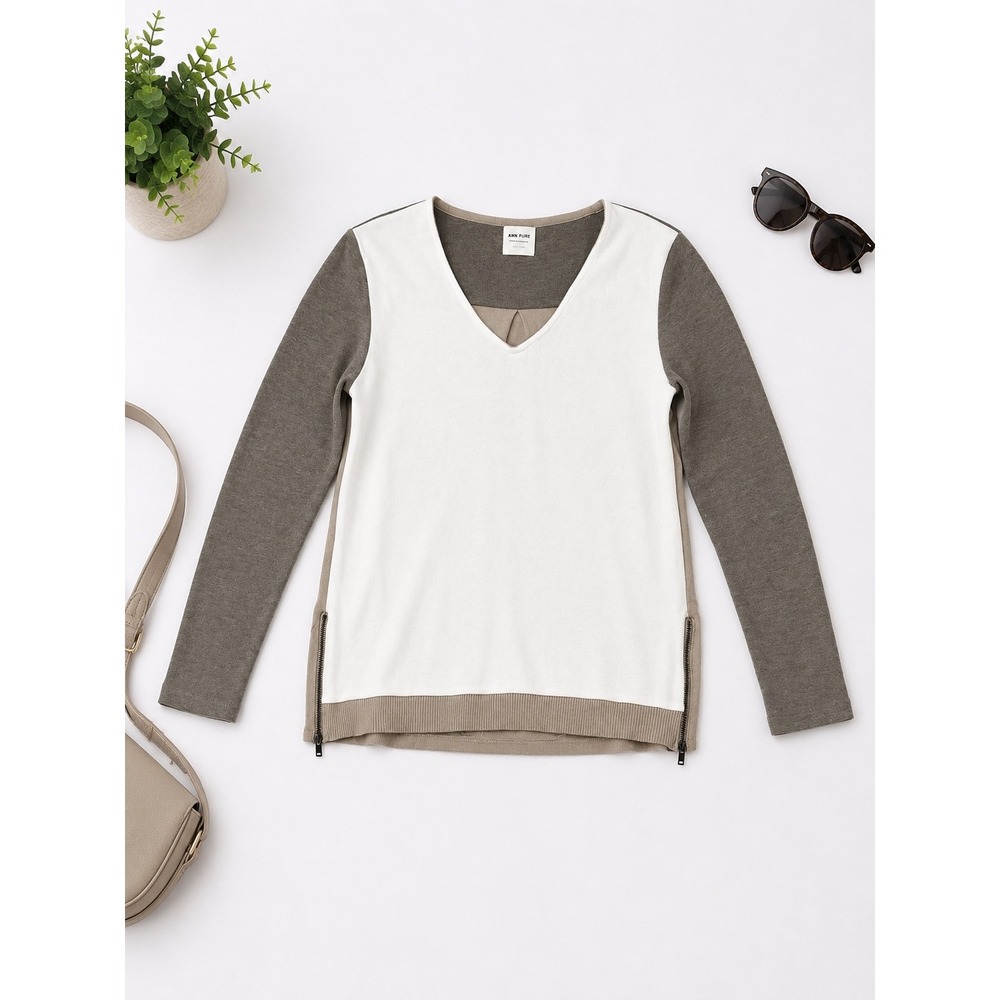 AMS PURE Colorblock‎ V-Neck Sweater Tan Cream Side Zip Long Sleeve Top